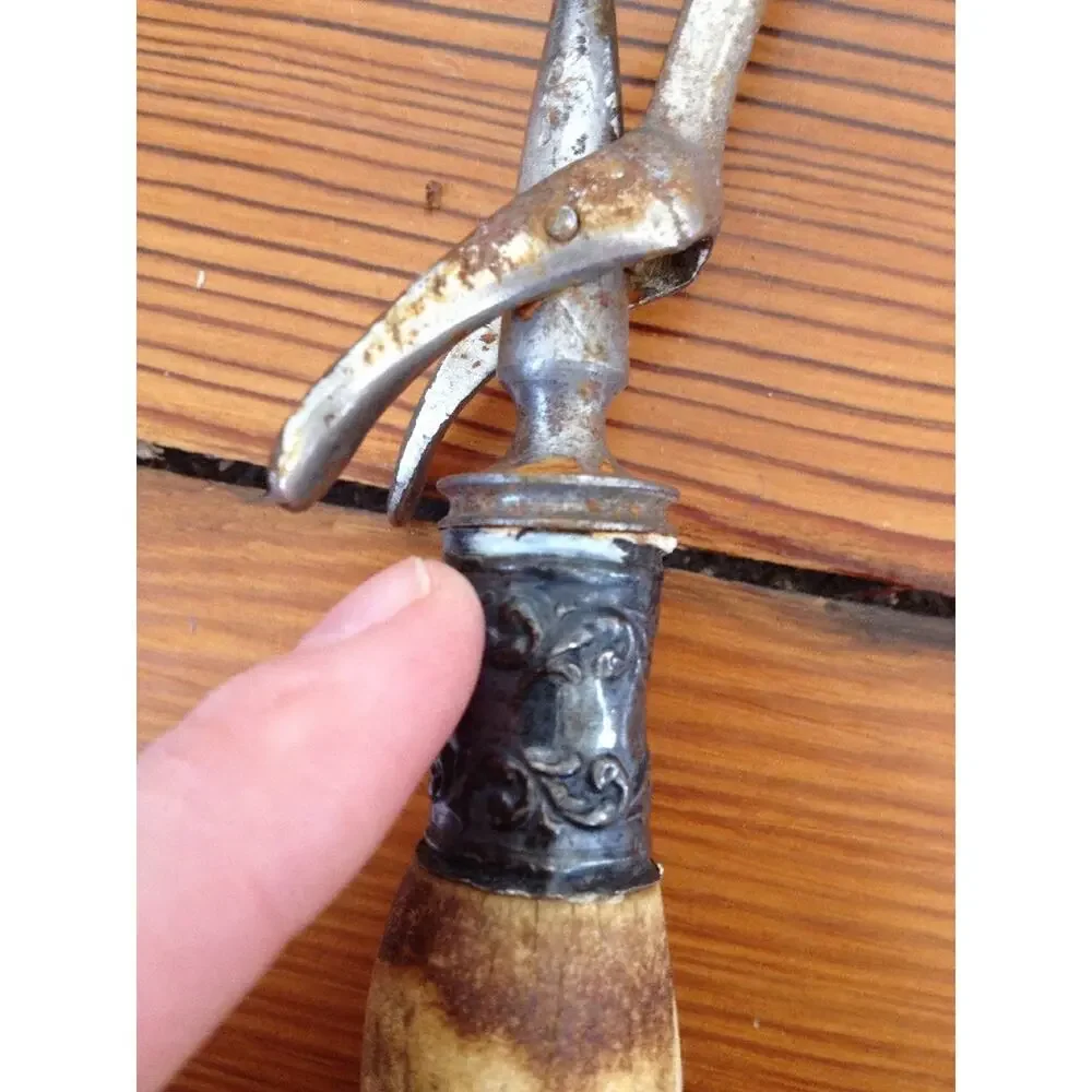 Vintage Antique Cast Metal Serving Carving Fork Natural Bone Antler Handle